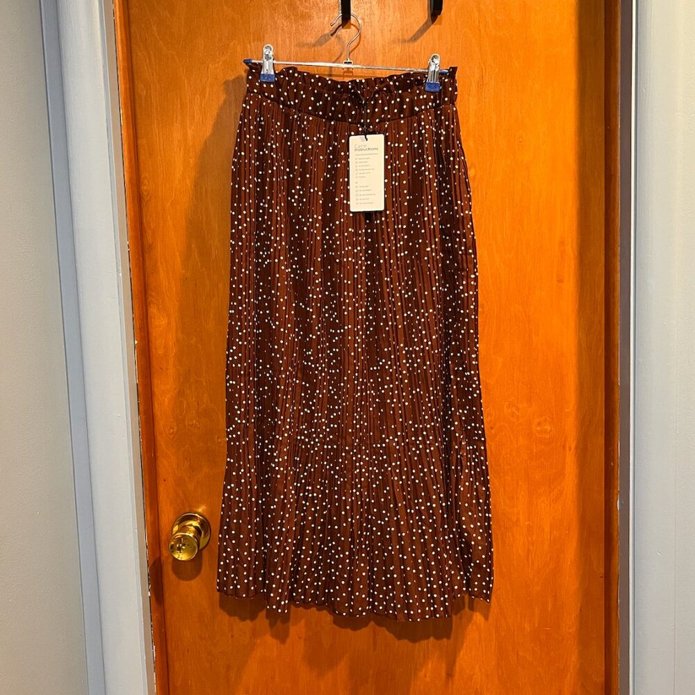 EXLURA Polka Dot Pleated Midi Skirt Brown White - Size M